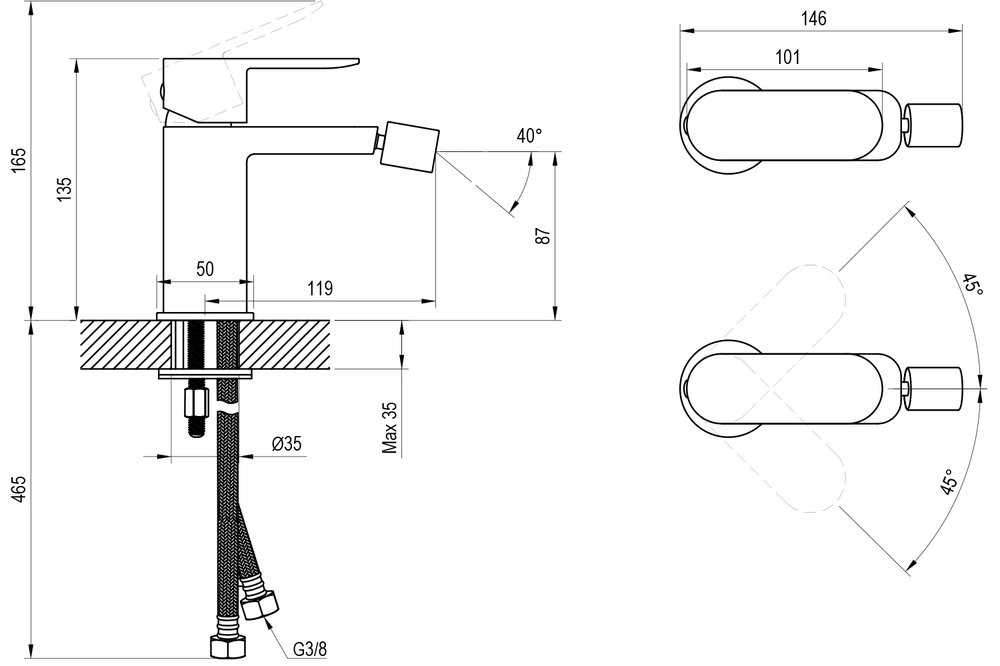 Einlocharmatur für Bidets Chrome II CR II 056.00